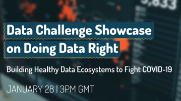 Image of slide: Data Challenge Showcase on Doing Data Right. Building healthy ecosystems to fight COVID-19 January 28 2021 3pm GMT