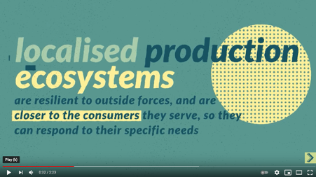 Slide with the words: localised production ecosystems are resilient to outside forces and are closer to the consumers they serve, so they can respond to their specific needs